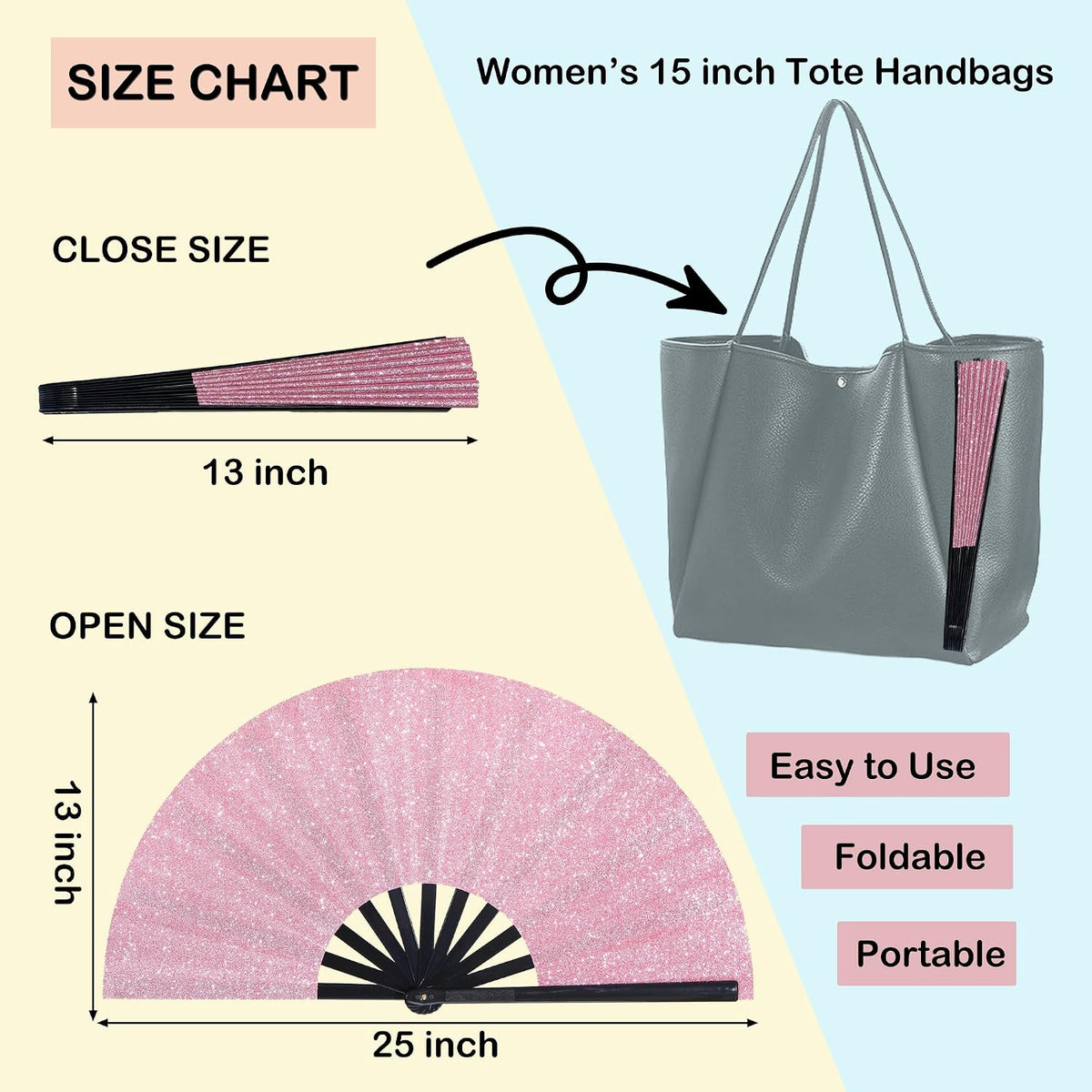 13 Inch Large Folding Fan-Hand Fan Popping Fan for Line Dancing Clacking Fans for Boots On The Ground Dance,Party,Outdoor,Decoration (Pink Glitter)
