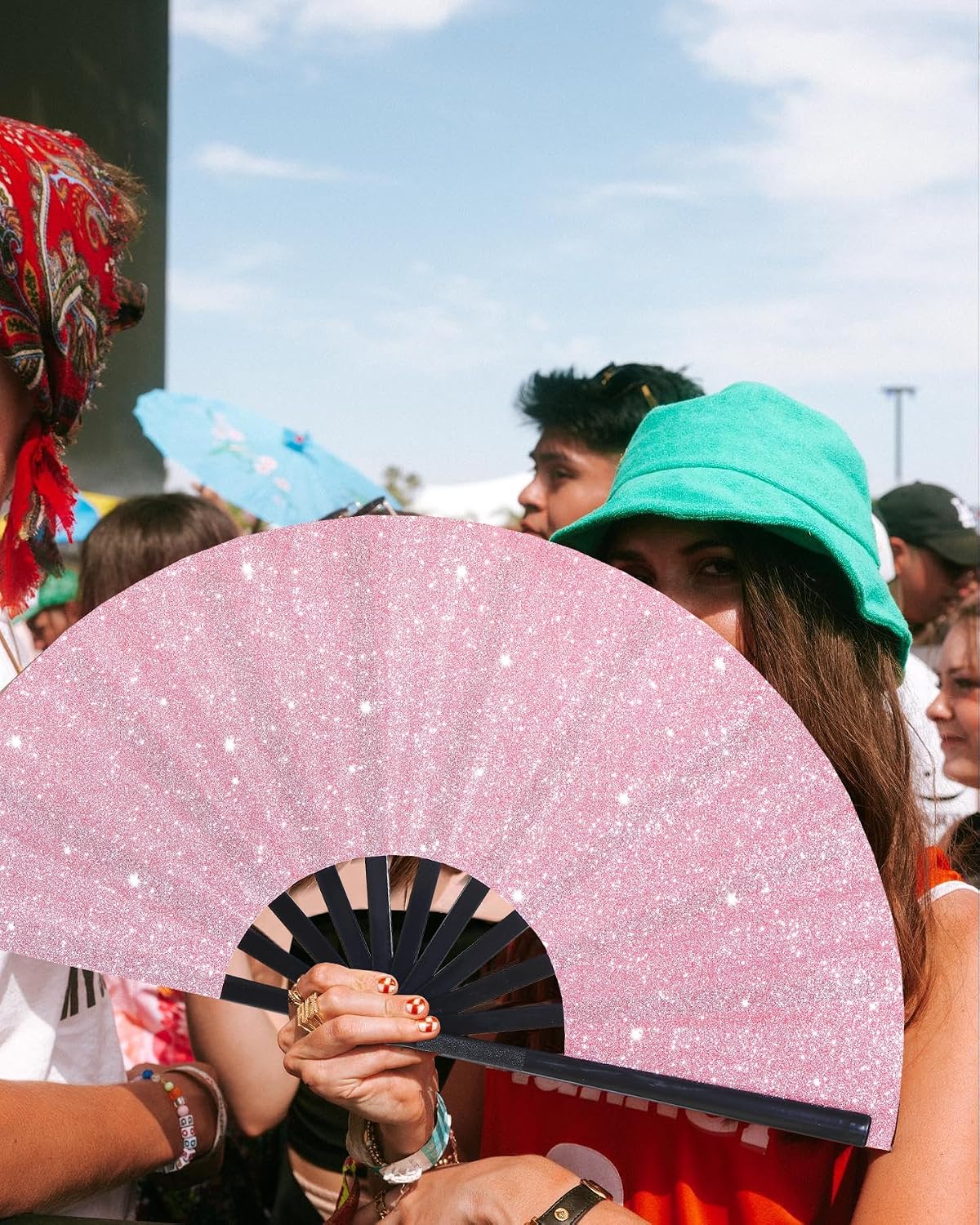 13 Inch Large Folding Fan-Hand Fan Popping Fan for Line Dancing Clacking Fans for Boots On The Ground Dance,Party,Outdoor,Decoration (Pink Glitter)