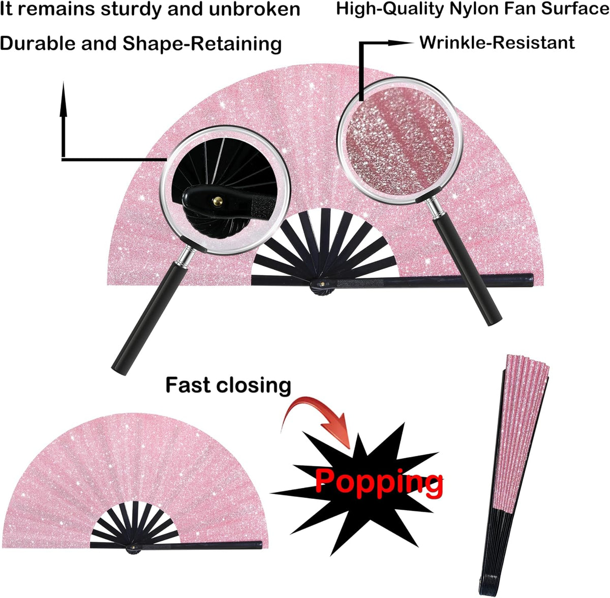 13 Inch Large Folding Fan-Hand Fan Popping Fan for Line Dancing Clacking Fans for Boots On The Ground Dance,Party,Outdoor,Decoration (Pink Glitter)