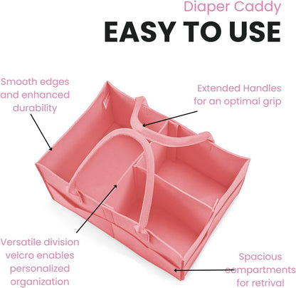 2 Pack Baby Diaper Caddy Organizer, Portable Diaper Holder Nursery Storage Basket for Wipes & baby stuff, Collapsible Baby Organizers with Divided Design (Red/Pink)