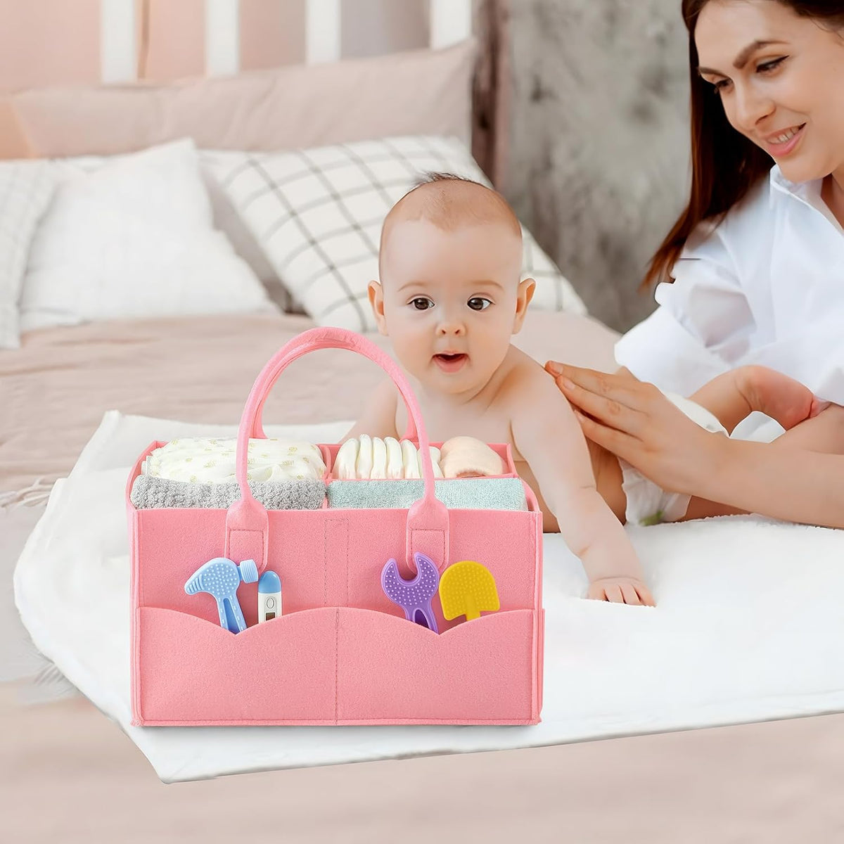 2 Pack Baby Diaper Caddy Organizer, Portable Diaper Holder Nursery Storage Basket for Wipes & baby stuff, Collapsible Baby Organizers with Divided Design (Red/Pink)