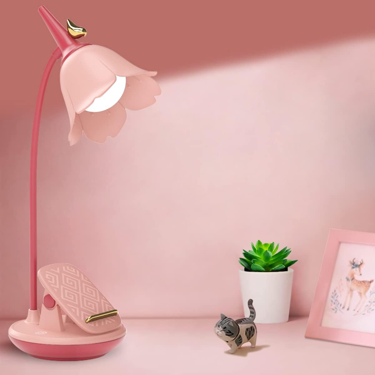 Pink Desk Lamp with Clamp, Rechargeable LED Small Lamp, Adjustable Gooseneck, Dimmable Cute for Kids Girls Bedroom Dorm Office
