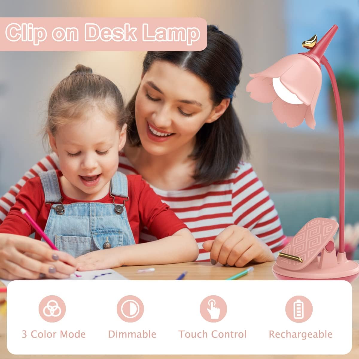 Pink Desk Lamp with Clamp, Rechargeable LED Small Lamp, Adjustable Gooseneck, Dimmable Cute for Kids Girls Bedroom Dorm Office