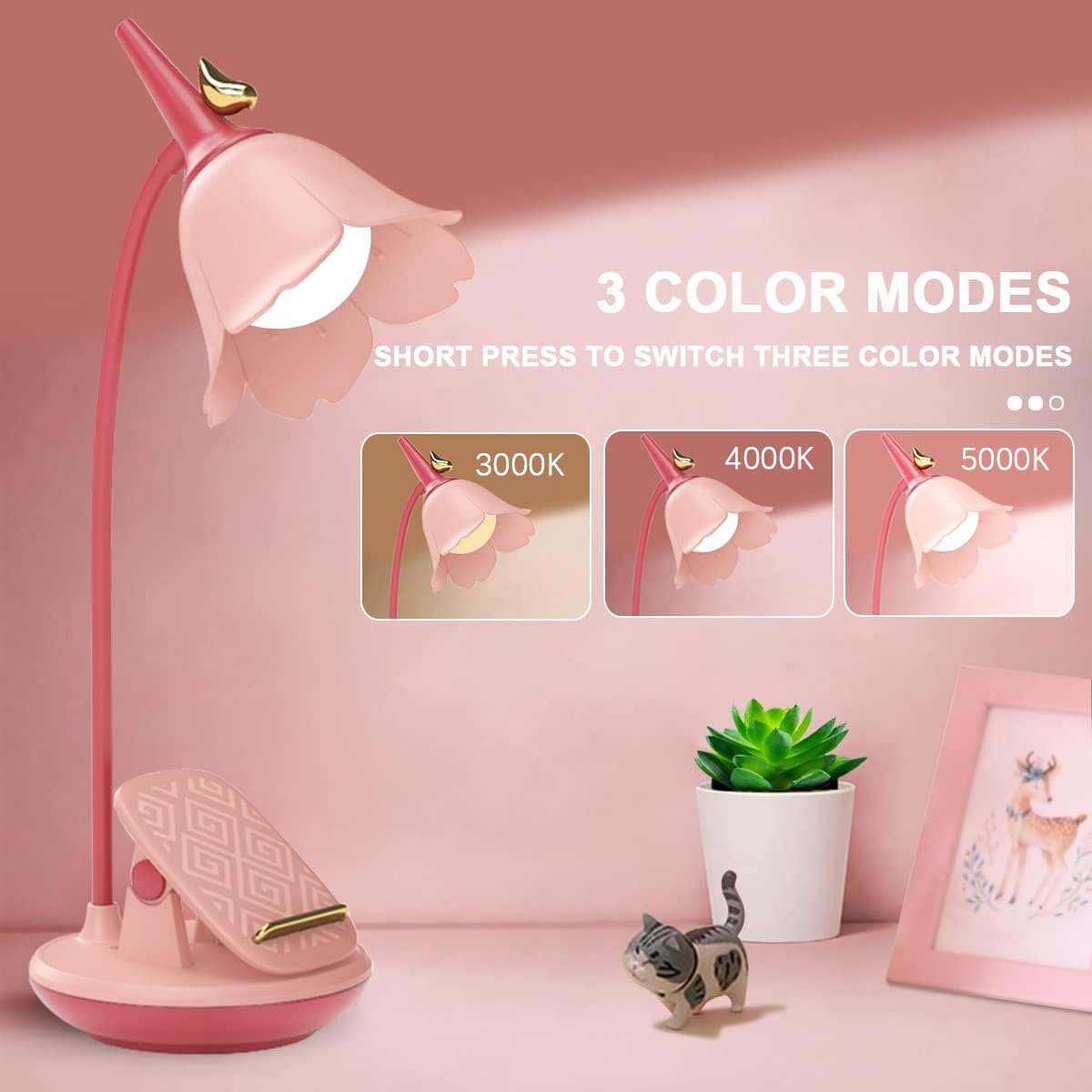 Pink Desk Lamp with Clamp, Rechargeable LED Small Lamp, Adjustable Gooseneck, Dimmable Cute for Kids Girls Bedroom Dorm Office