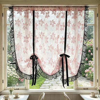 Princess Pink Floral Lace Tie Up Balloon Curtain with Black Ruffled Trim