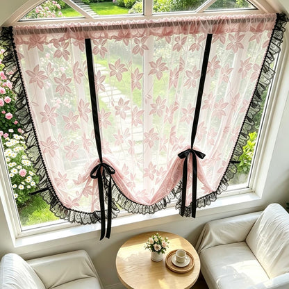 Princess Pink Floral Lace Tie Up Balloon Curtain with Black Ruffled Trim