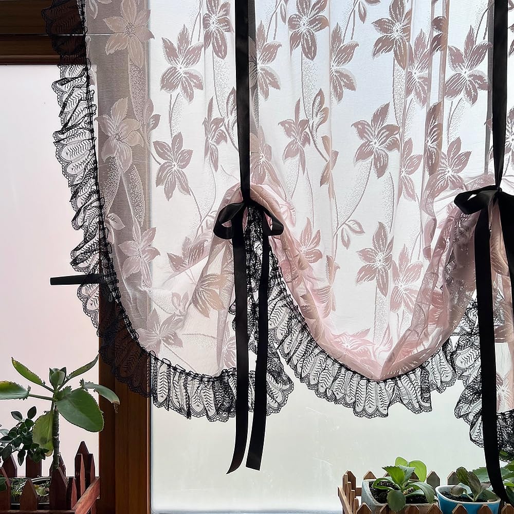 Princess Pink Floral Lace Tie Up Balloon Curtain with Black Ruffled Trim
