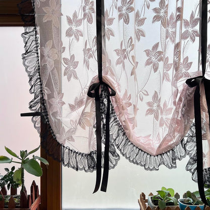 Princess Pink Floral Lace Tie Up Balloon Curtain with Black Ruffled Trim