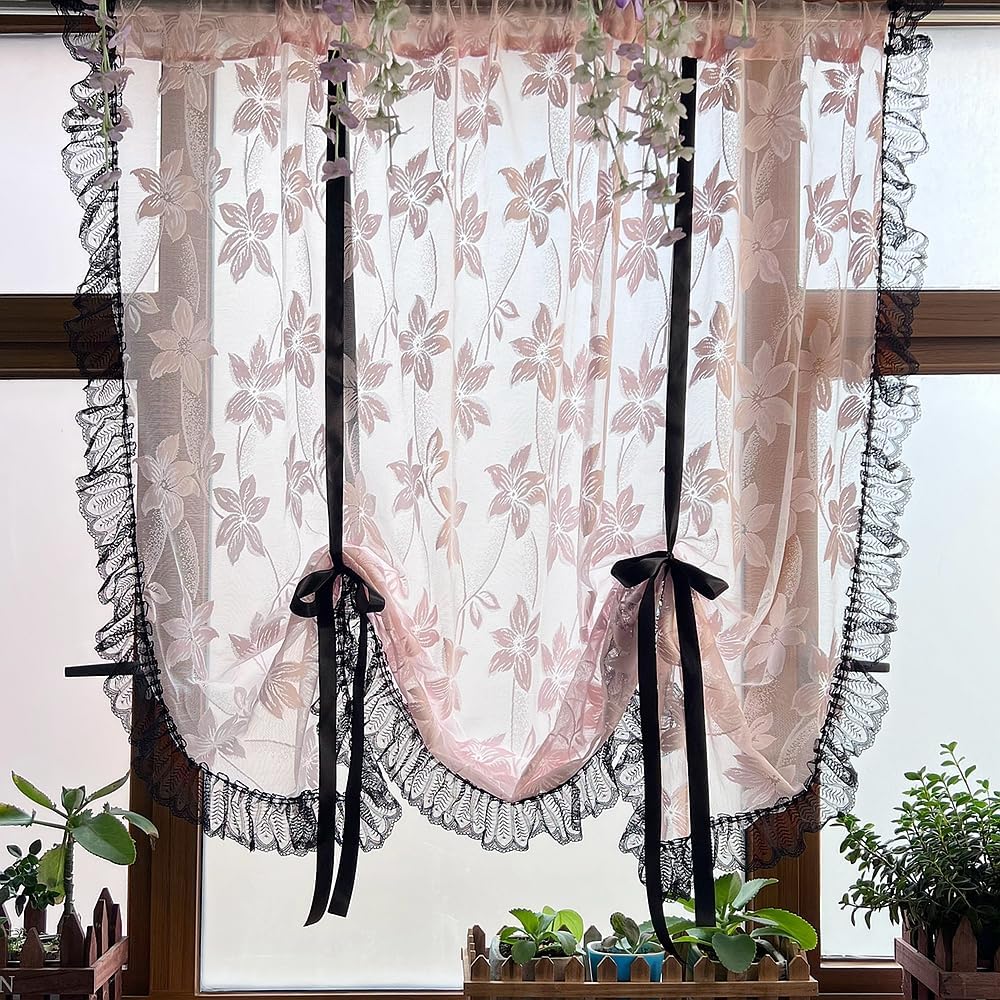 Princess Pink Floral Lace Tie Up Balloon Curtain with Black Ruffled Trim