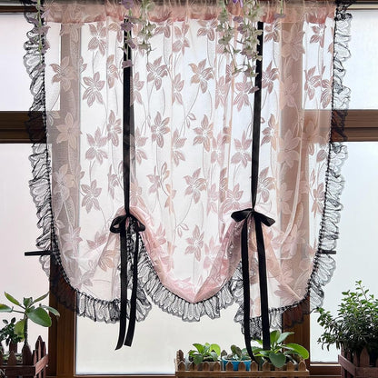 Princess Pink Floral Lace Tie Up Balloon Curtain with Black Ruffled Trim