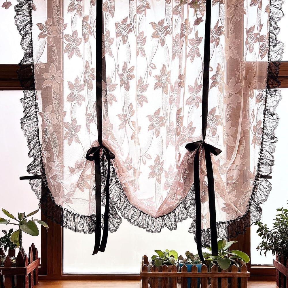 Princess Pink Floral Lace Tie Up Balloon Curtain with Black Ruffled Trim
