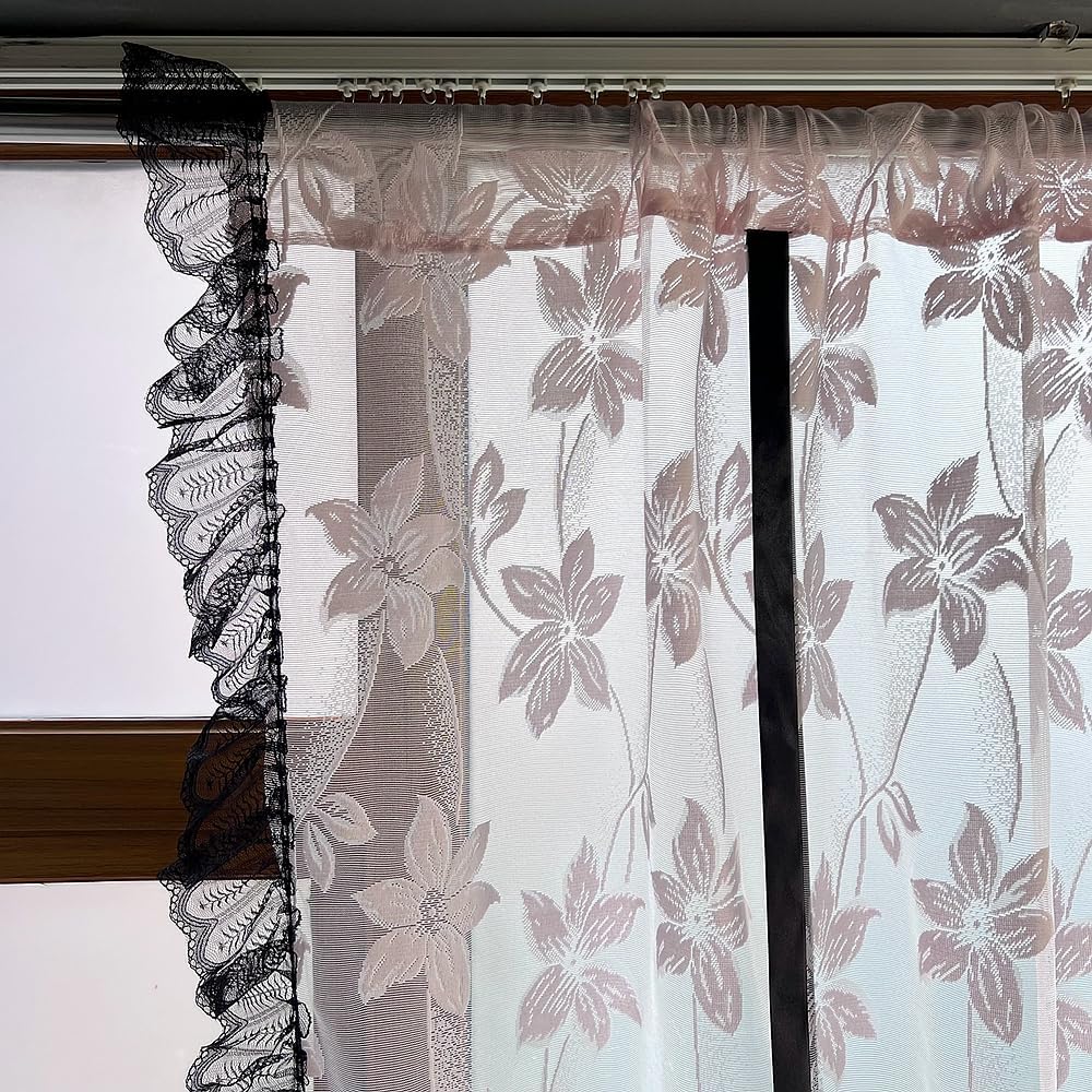Princess Pink Floral Lace Tie Up Balloon Curtain with Black Ruffled Trim