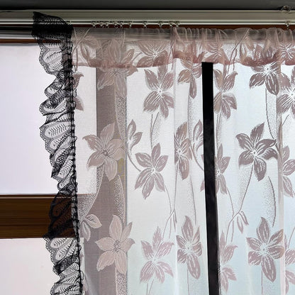 Princess Pink Floral Lace Tie Up Balloon Curtain with Black Ruffled Trim