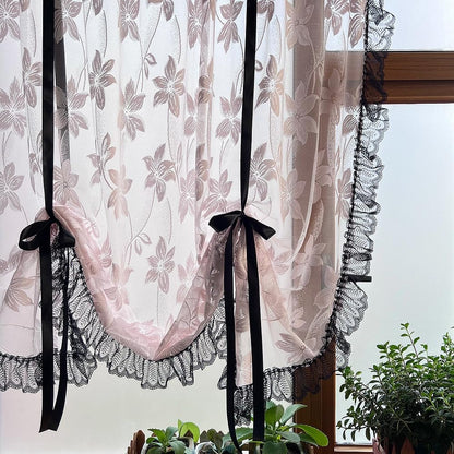 Princess Pink Floral Lace Tie Up Balloon Curtain with Black Ruffled Trim