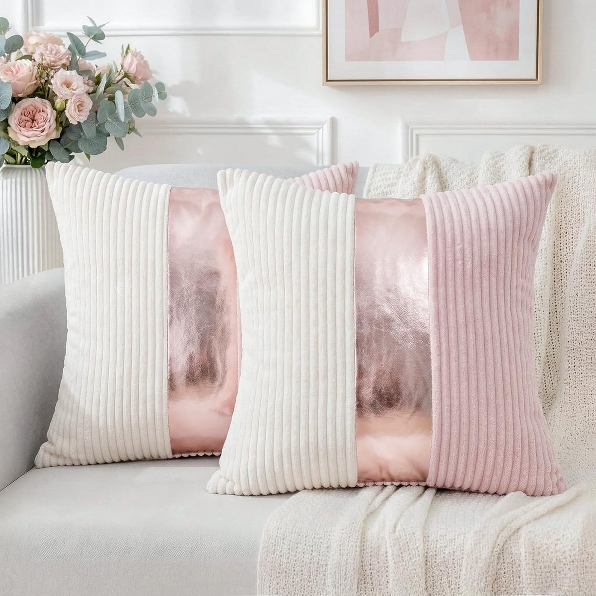 Pink and Cream White Boho Striped Corduroy Throw Pillow Covers with Gold Leather Patchwork 18x18 Inch, Pack of 2, Double-Sided, Soft Home Decorative Pillows for Couch and Living Room