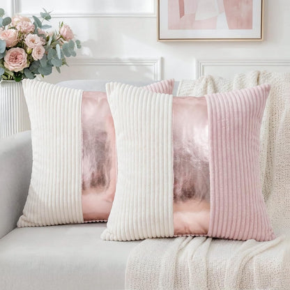Pink and Cream White Boho Striped Corduroy Throw Pillow Covers with Gold Leather Patchwork 18x18 Inch, Pack of 2, Double-Sided, Soft Home Decorative Pillows for Couch and Living Room