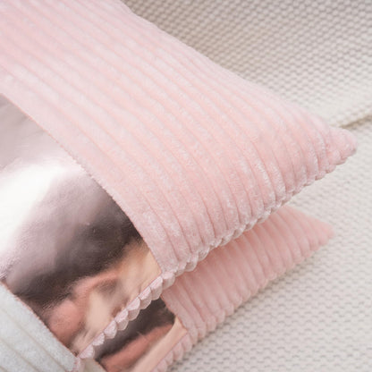 Pink and Cream White Boho Striped Corduroy Throw Pillow Covers with Gold Leather Patchwork 18x18 Inch, Pack of 2, Double-Sided, Soft Home Decorative Pillows for Couch and Living Room