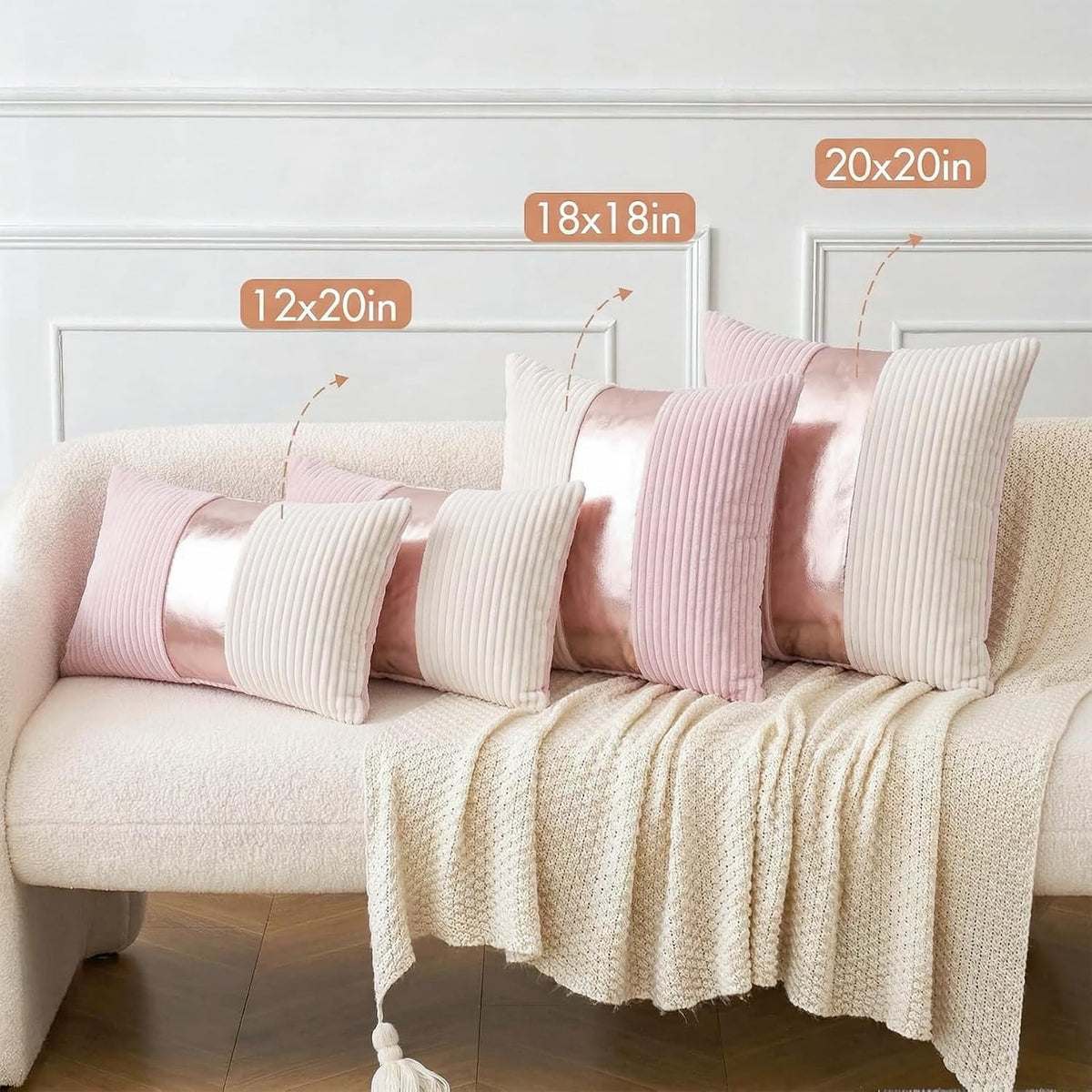 Pink and Cream White Boho Striped Corduroy Throw Pillow Covers with Gold Leather Patchwork 18x18 Inch, Pack of 2, Double-Sided, Soft Home Decorative Pillows for Couch and Living Room