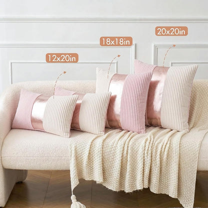 Pink and Cream White Boho Striped Corduroy Throw Pillow Covers with Gold Leather Patchwork 18x18 Inch, Pack of 2, Double-Sided, Soft Home Decorative Pillows for Couch and Living Room