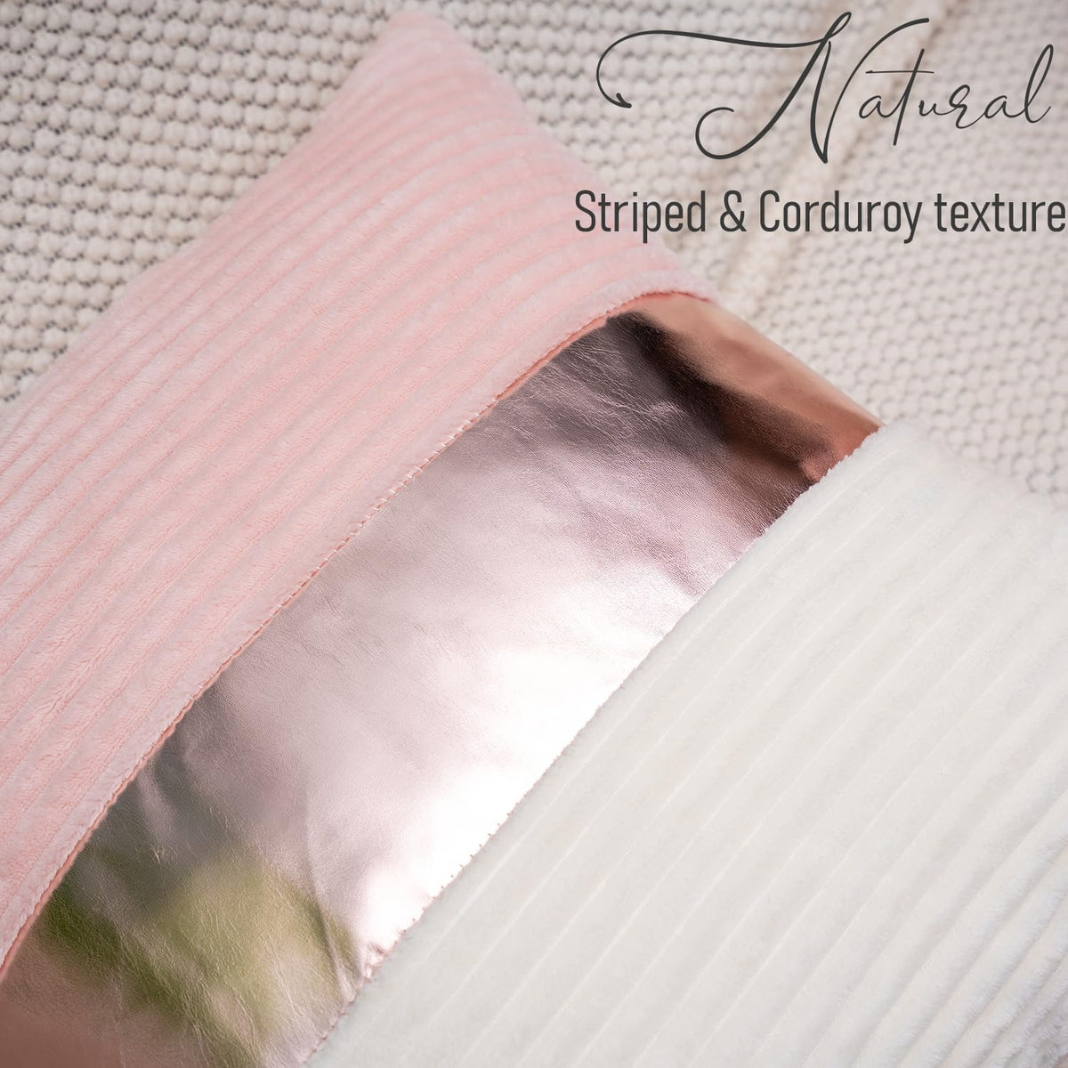 Pink and Cream White Boho Striped Corduroy Throw Pillow Covers with Gold Leather Patchwork 18x18 Inch, Pack of 2, Double-Sided, Soft Home Decorative Pillows for Couch and Living Room
