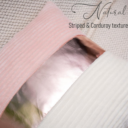 Pink and Cream White Boho Striped Corduroy Throw Pillow Covers with Gold Leather Patchwork 18x18 Inch, Pack of 2, Double-Sided, Soft Home Decorative Pillows for Couch and Living Room