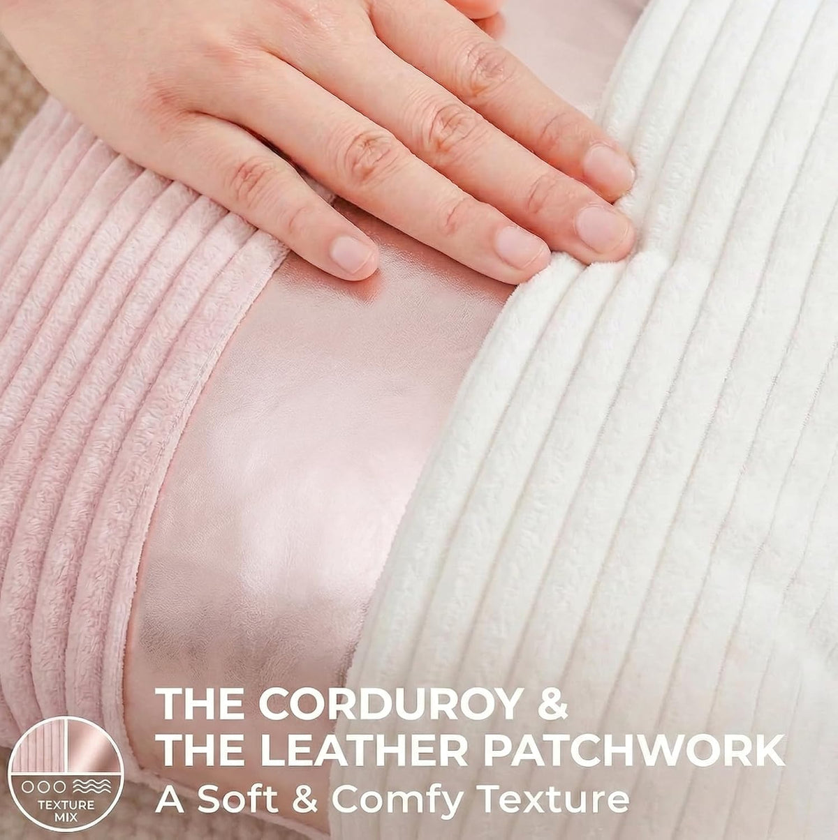 Pink and Cream White Boho Striped Corduroy Throw Pillow Covers with Gold Leather Patchwork 18x18 Inch, Pack of 2, Double-Sided, Soft Home Decorative Pillows for Couch and Living Room
