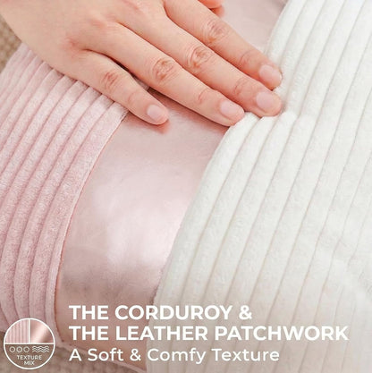 Pink and Cream White Boho Striped Corduroy Throw Pillow Covers with Gold Leather Patchwork 18x18 Inch, Pack of 2, Double-Sided, Soft Home Decorative Pillows for Couch and Living Room