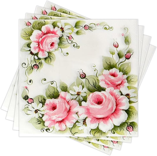 Spring Floral Paper Napkins Disposable, 80PCS Decorative Pink Rose with Daisy Printed Dinner/Lunch Napkins for Party, Wedding, Bridal Shower, Vintage Table Decor. 2-Ply, Folded 6.5 x 6.5 In.