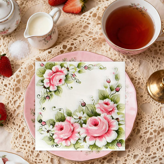 Spring Floral Paper Napkins Disposable, 80PCS Decorative Pink Rose with Daisy Printed Dinner/Lunch Napkins for Party, Wedding, Bridal Shower, Vintage Table Decor. 2-Ply, Folded 6.5 x 6.5 In.