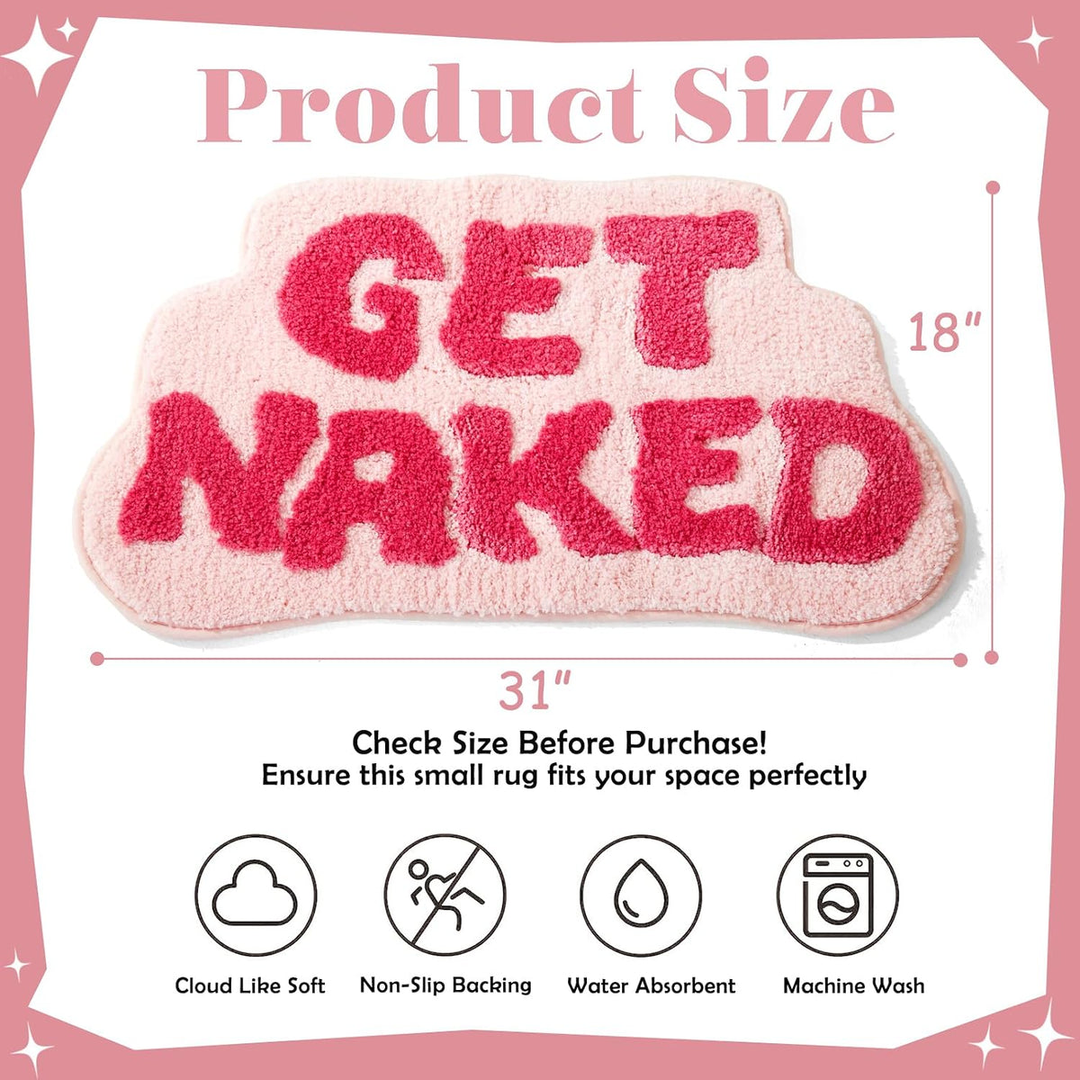 Irregular Shaped Get Naked Bath Mat Pink - Fun Bath mat, Small Preppy Bathroom Decor, Funny Aesthetic Bathroom Rugs for Apartmen Decor, Non-Slip Hot Pink Bath Rugs for Girls 31" x 18"