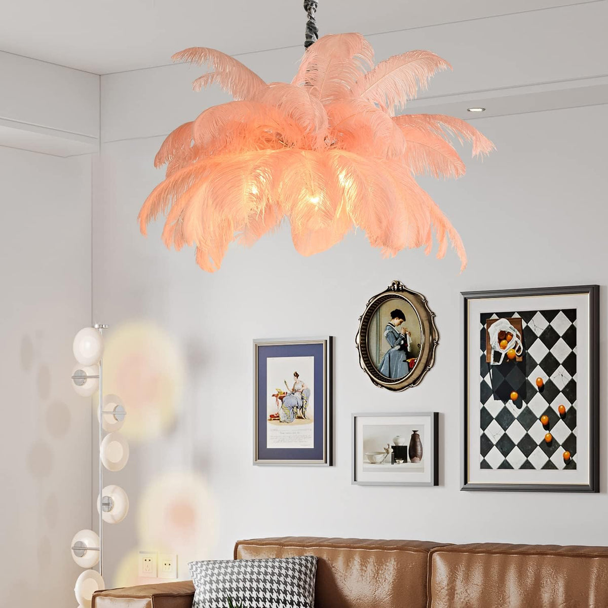 Modern Feather Chandelier for Bedroom, Pink Feather Ceiling Light Fixture with Ostrich Hair Lampshade, Pendant Lights for Living Room, Hotel, Corridor, Foyer