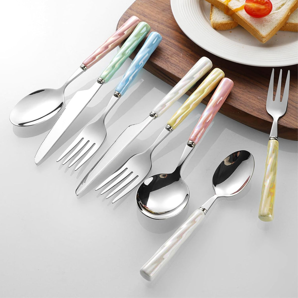 2PC- stainless steel cutlery with ceramic handle glazed tableware-pink-dessert tip spoon