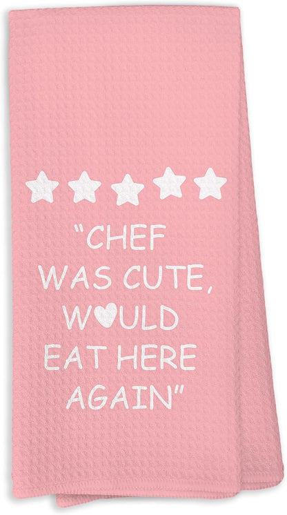 Pink Kitchen Accessories Towels, Chef was Cute Would Eat Here Again Dish Towels, Girly Cute Pink Chef Kithcen Decor