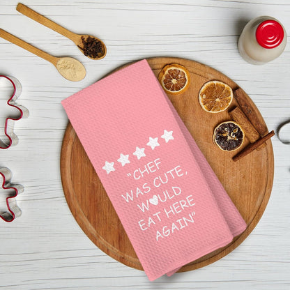 Pink Kitchen Accessories Towels, Chef was Cute Would Eat Here Again Dish Towels, Girly Cute Pink Chef Kithcen Decor