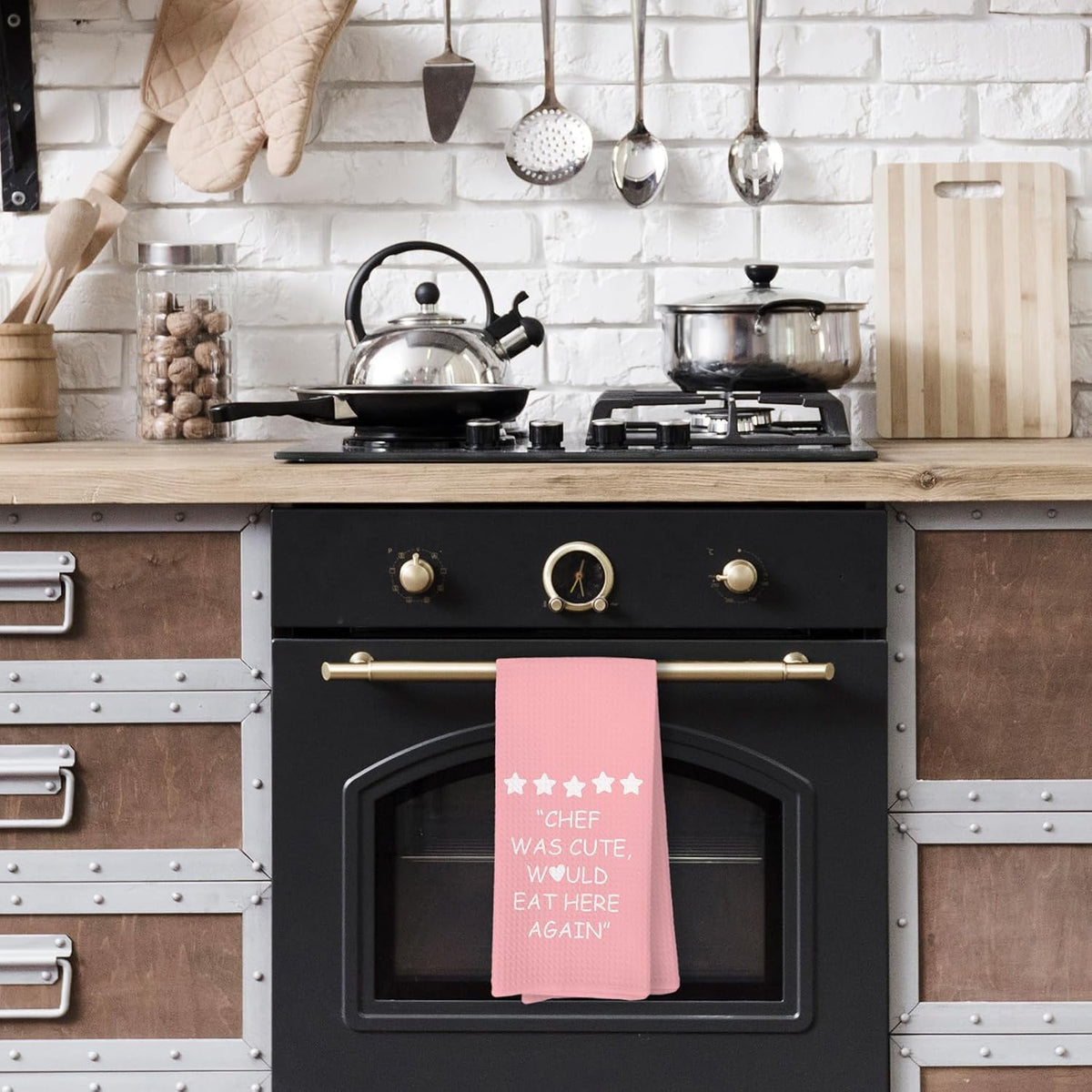 Pink Kitchen Accessories Towels, Chef was Cute Would Eat Here Again Dish Towels, Girly Cute Pink Chef Kithcen Decor