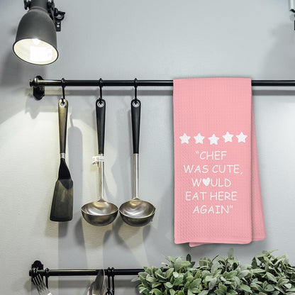 Pink Kitchen Accessories Towels, Chef was Cute Would Eat Here Again Dish Towels, Girly Cute Pink Chef Kithcen Decor