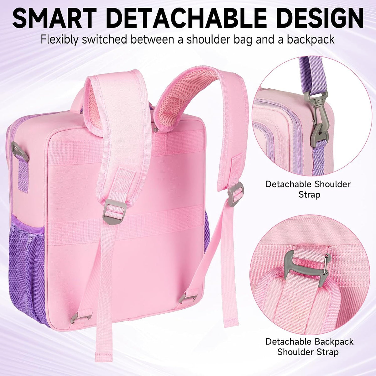 Zipper Binder Bag 3 Ring 3 Inch, 700 Sheets Capacity Binder Organizer with Detachable Backpack Straps & Shoulder Strap, Portable File Storage Case for College Office Travel, Pink&Purple