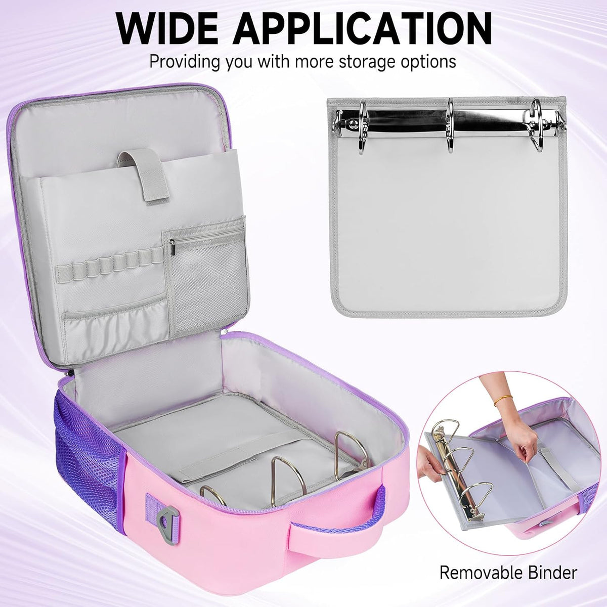 Zipper Binder Bag 3 Ring 3 Inch, 700 Sheets Capacity Binder Organizer with Detachable Backpack Straps & Shoulder Strap, Portable File Storage Case for College Office Travel, Pink&Purple