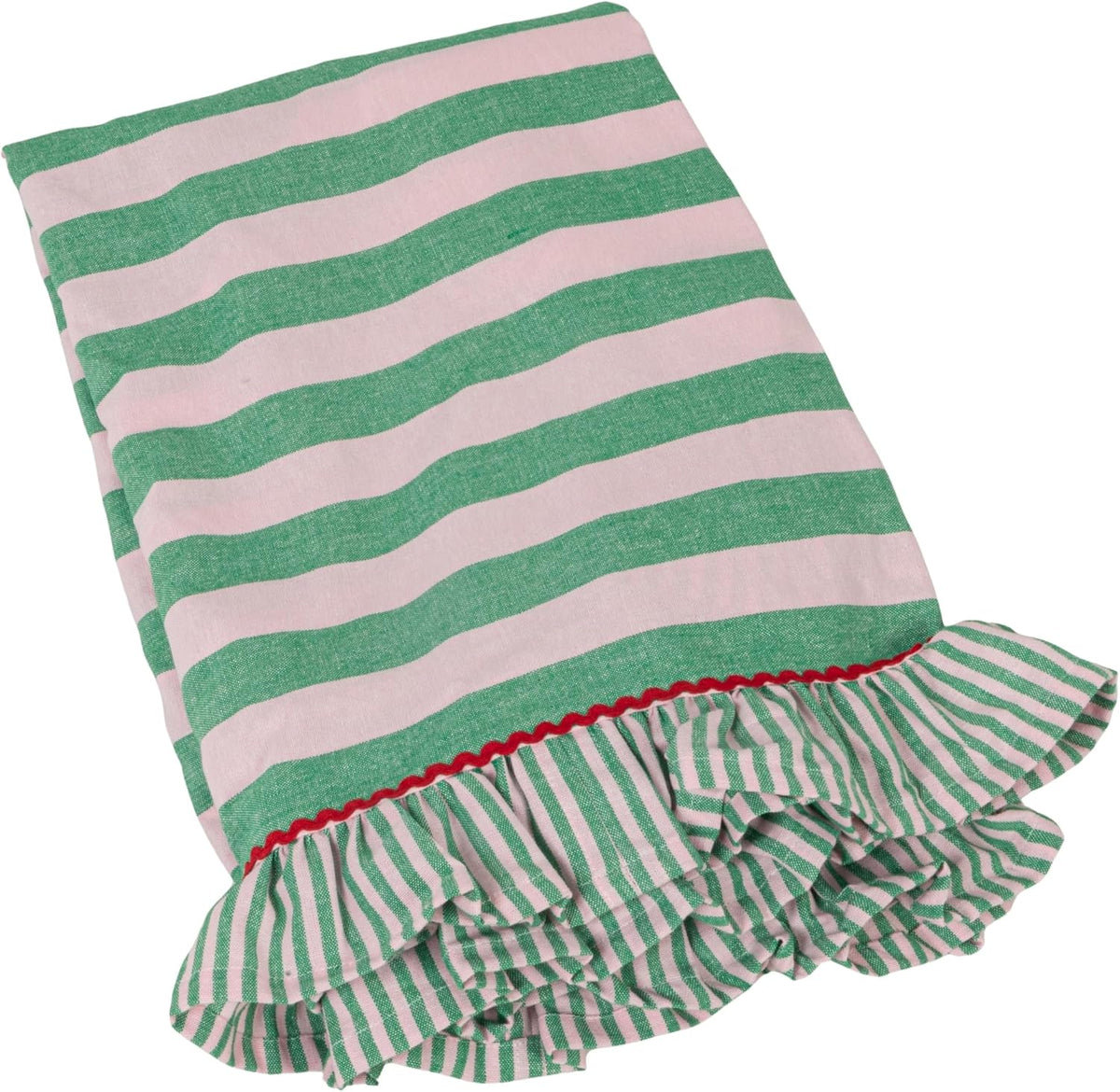 Woven Cotton Striped Tablecloth with Ruffle & RIC Rac Trim, Green & Pink