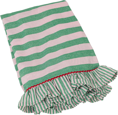 Woven Cotton Striped Tablecloth with Ruffle & RIC Rac Trim, Green & Pink