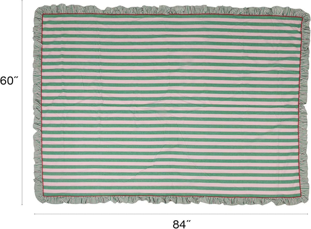 Woven Cotton Striped Tablecloth with Ruffle & RIC Rac Trim, Green & Pink