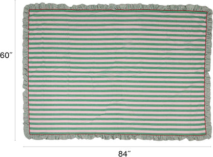 Woven Cotton Striped Tablecloth with Ruffle & RIC Rac Trim, Green & Pink