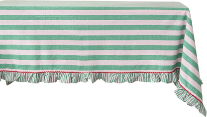 Woven Cotton Striped Tablecloth with Ruffle & RIC Rac Trim, Green & Pink