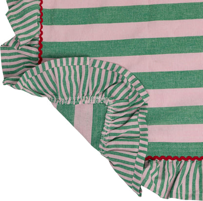 Woven Cotton Striped Tablecloth with Ruffle & RIC Rac Trim, Green & Pink