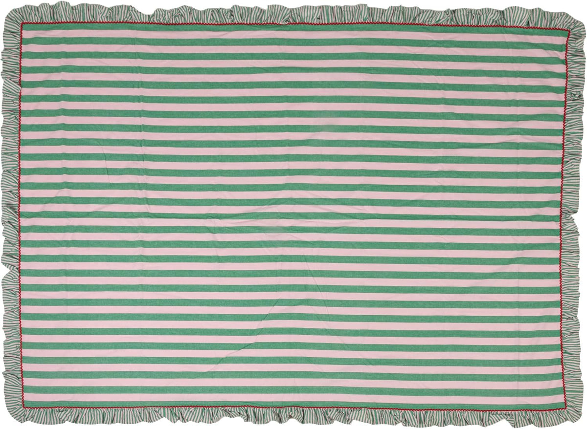 Woven Cotton Striped Tablecloth with Ruffle & RIC Rac Trim, Green & Pink