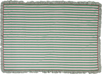 Woven Cotton Striped Tablecloth with Ruffle & RIC Rac Trim, Green & Pink