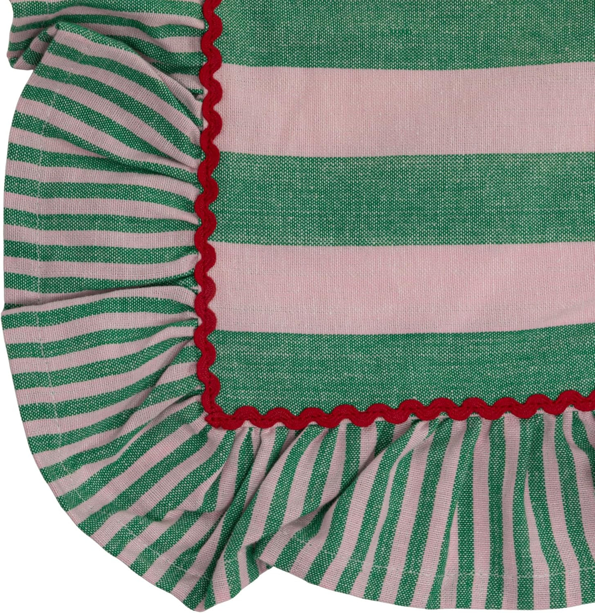 Woven Cotton Striped Tablecloth with Ruffle & RIC Rac Trim, Green & Pink