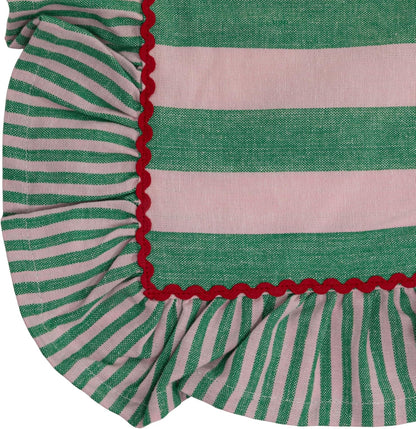 Woven Cotton Striped Tablecloth with Ruffle & RIC Rac Trim, Green & Pink