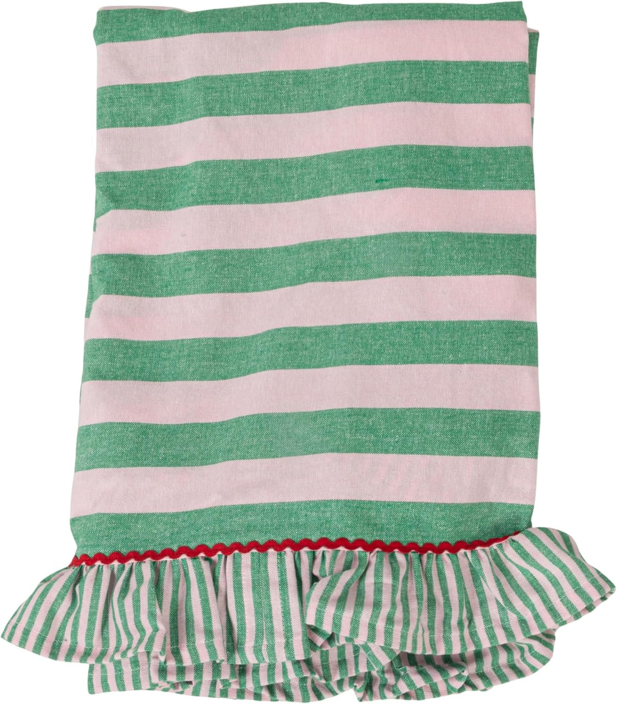 Woven Cotton Striped Tablecloth with Ruffle & RIC Rac Trim, Green & Pink