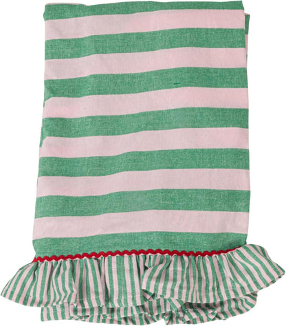 Woven Cotton Striped Tablecloth with Ruffle & RIC Rac Trim, Green & Pink